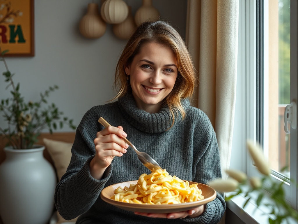 На фото молодая женщина улыбается и держит тарелку с пастой у окна. Вокруг уютная обстановка.
