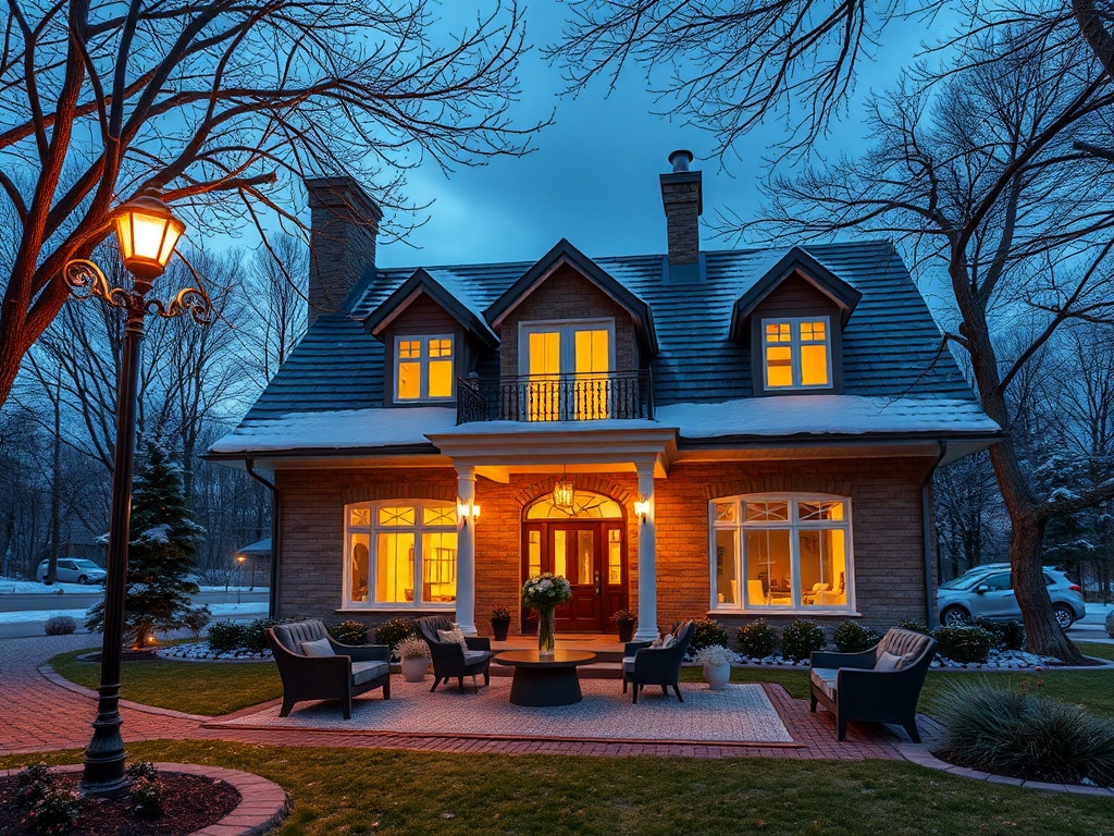 Красивая дом с оранжевыми огнями на фоне зимнего вечера и деревьев. Уютная атмосфера и спокойствие.