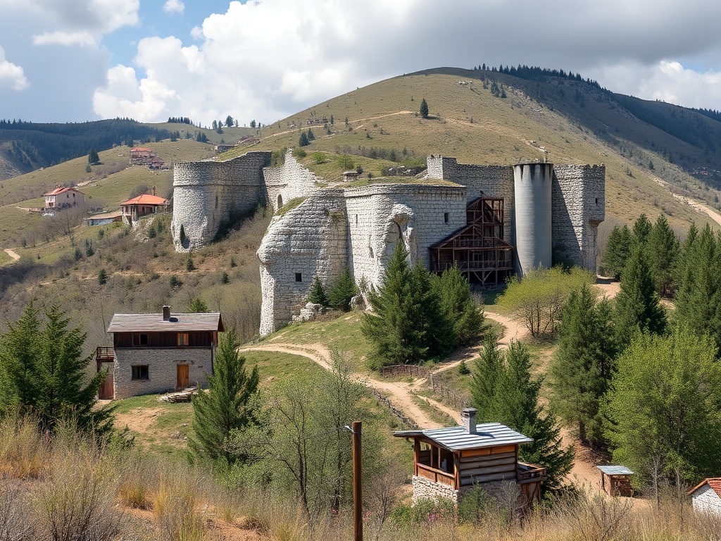 На фотографии изображён красивый горный ландшафт с замком и домиками. Небо облачное, природа зелёная.