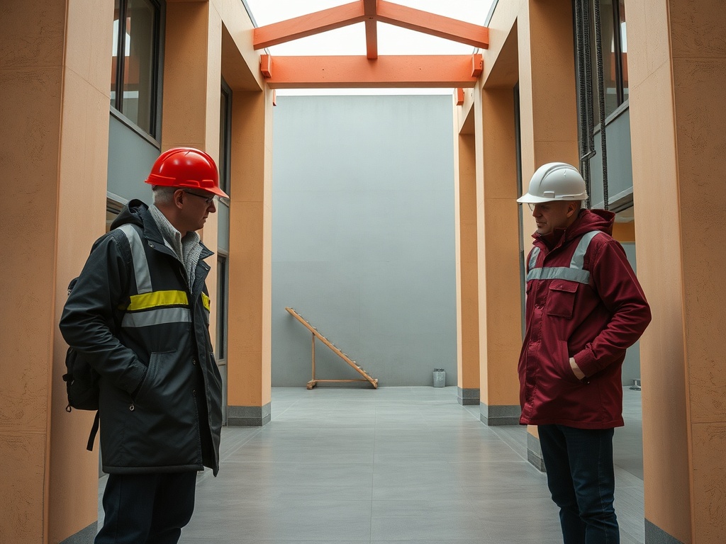 Два строителя в касках обсуждают проект в современном здании с минималистичным интерьером.