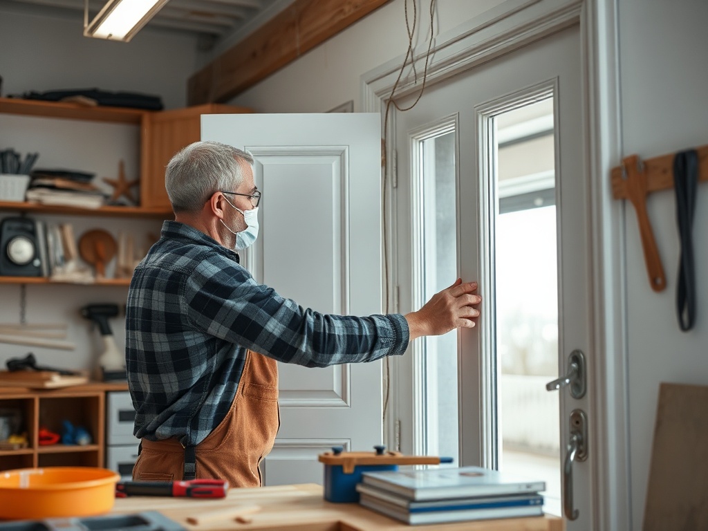 Мужчина в маске открывает дверь в мастерской, на фоне полок с инструментами и материалами.