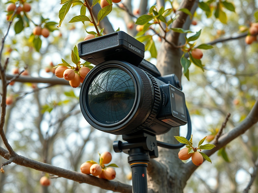 Камера на штативе на фоне ветки с яркими фруктами и зелеными листьями. Солнечный день в парке.