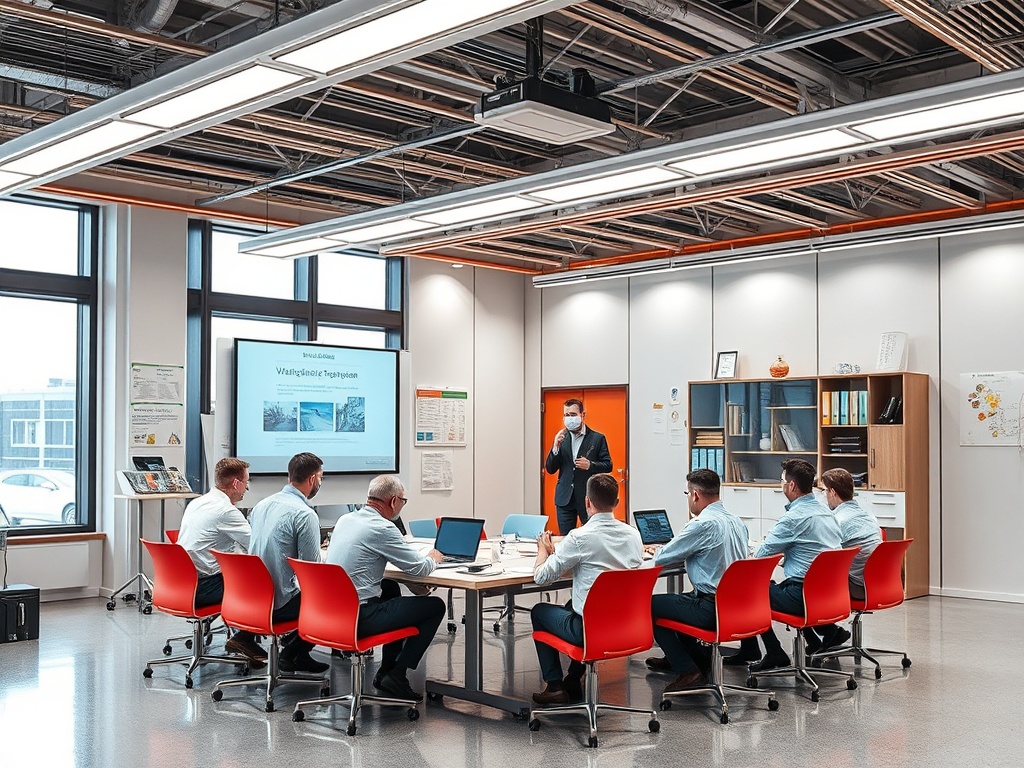 Группа людей на会议，доска для презентаций и ведущий с микрофоном в современном офисе.