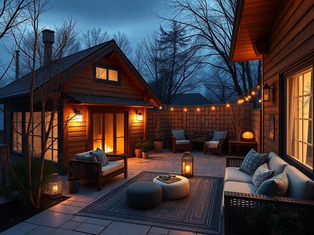Уютный вечерний дворик с мягким светом фонарей, креслами и камином на фоне вечернего неба.