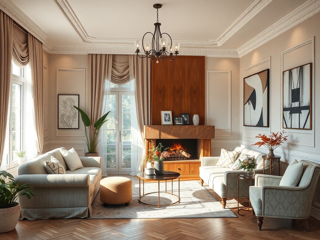 Уютная гостиная с камином, мягкой мебелью и растениями. Красивые картины и окно с природным светом.