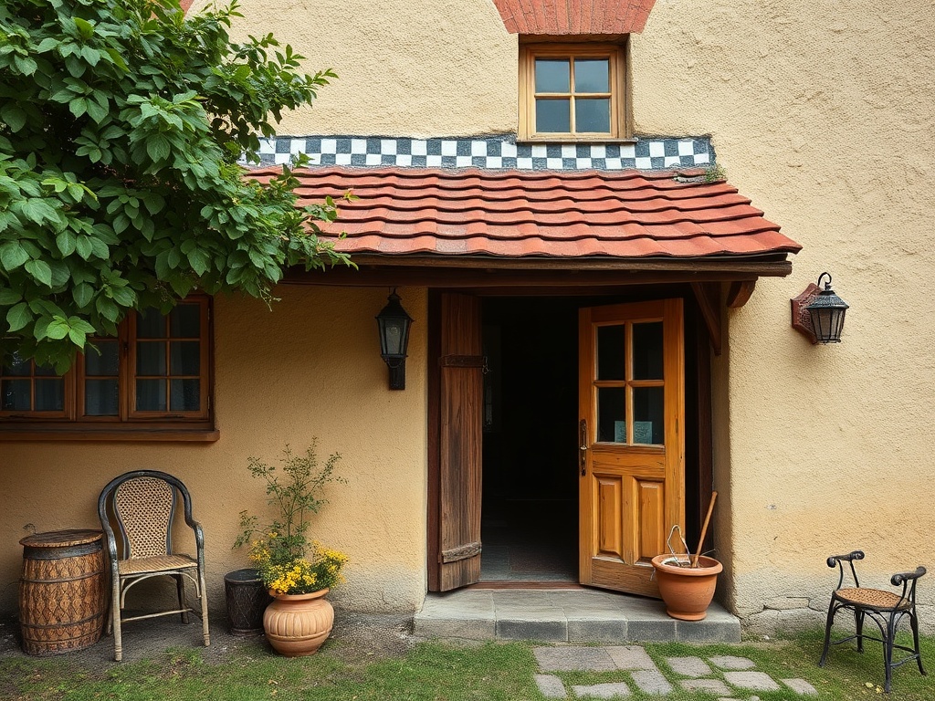 Входная дверь дома с красной крышей, рядом с ней стулья и цветы в горшках. Уютная атмосфера.