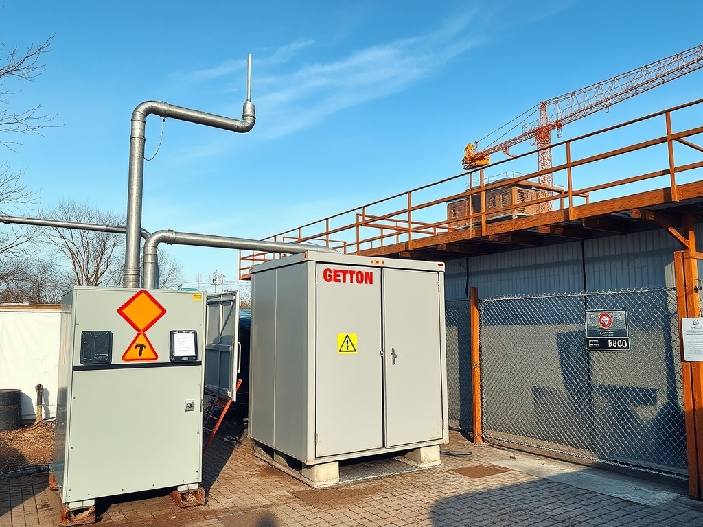 На картине два контейнера с предупреждающими знаками, строительный кран и ясное небо.