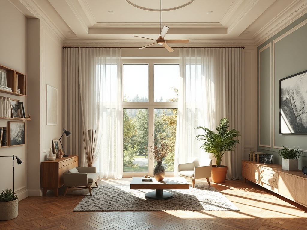 Светлое и стильное помещение с большими окнами, растениями и уютной мебелью в современном дизайне.