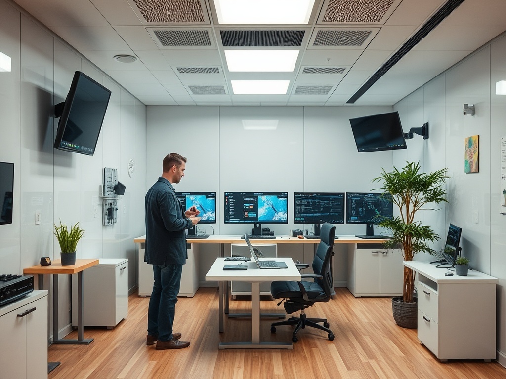Современный офис с компьютерами и телевизорами; человек работает над проектом, окружённый зелеными растениями.