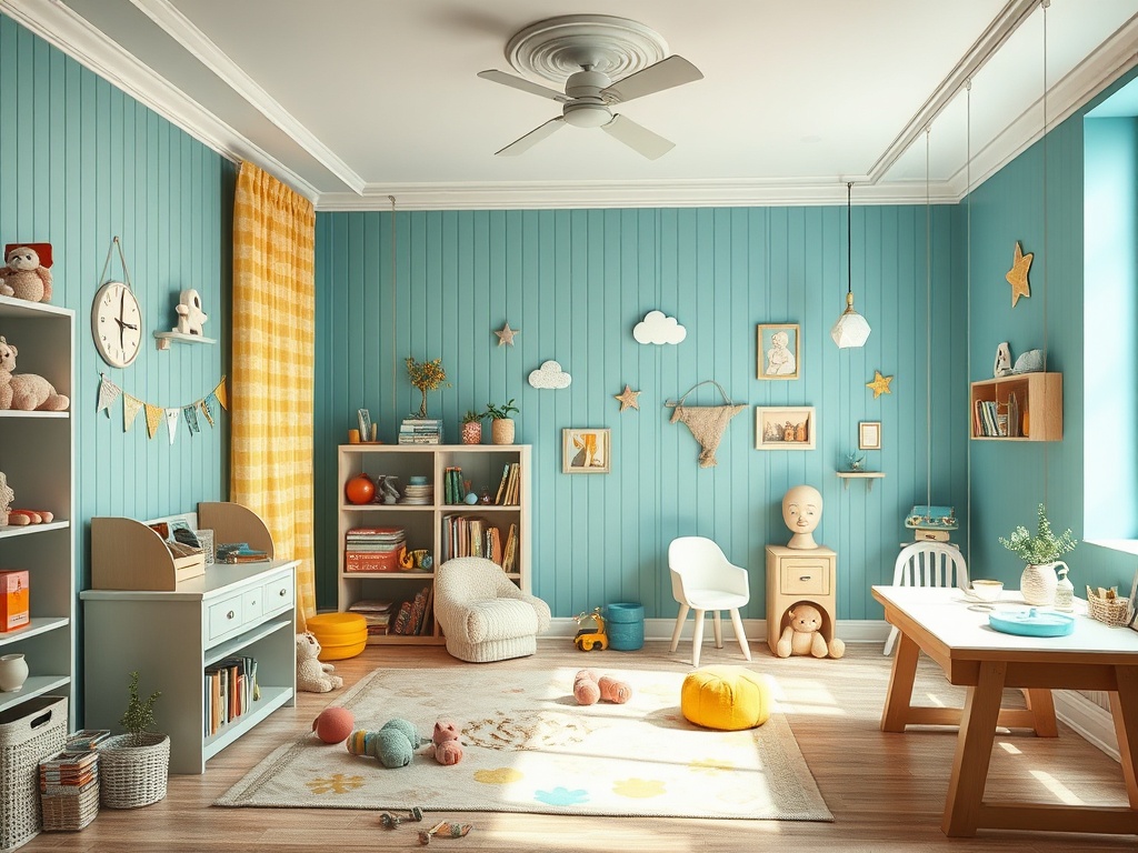 Светлая детская комната с голубыми стенами, мягкой мебелью и игрушками, оформленная в уютном стиле.