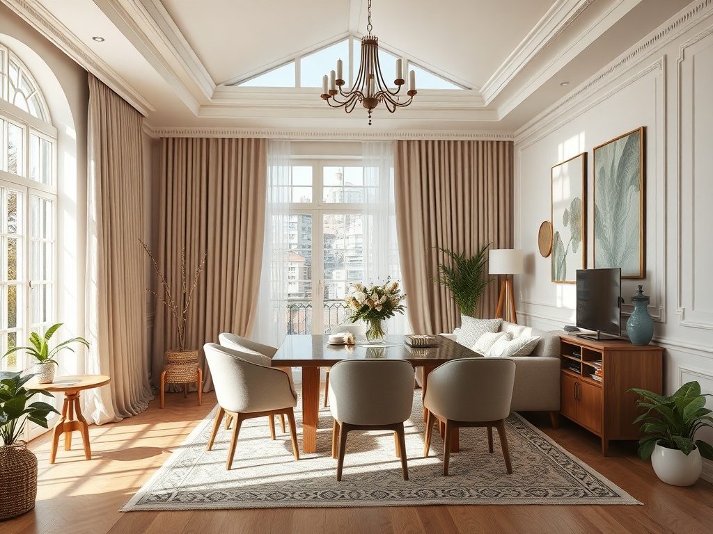 Современный светлый интерьер столовой с большим окном, растениями и уютной мебелью.