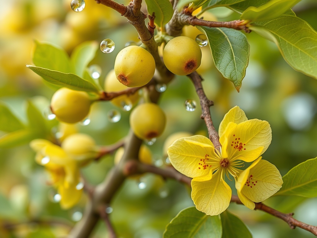 Желтые цветы и плоды на ветке с капельками воды, создают живописный весенний пейзаж.