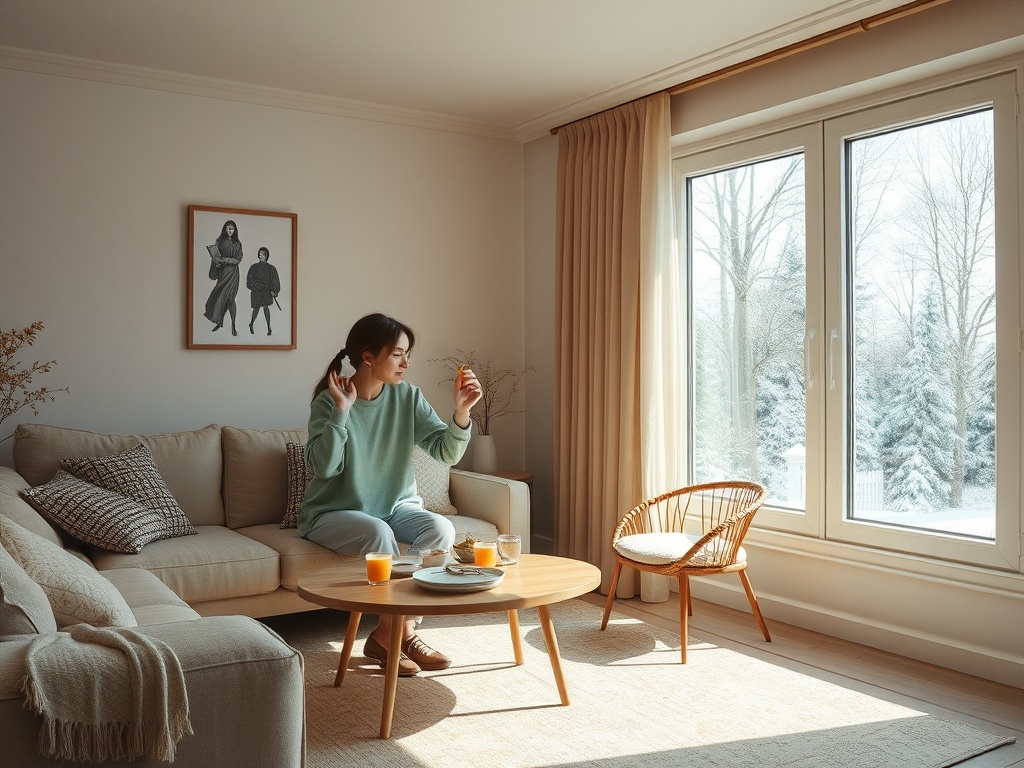 Женщина сидит на диване в уютной комнате, наслаждаясь напитком и общением, за окном зимний пейзаж.