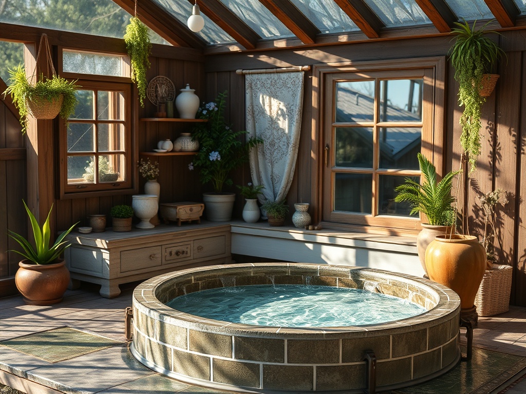 Уютная комната с джакузи, окнами и зелеными растениями. Светлый интерьер создает атмосферу расслабления.