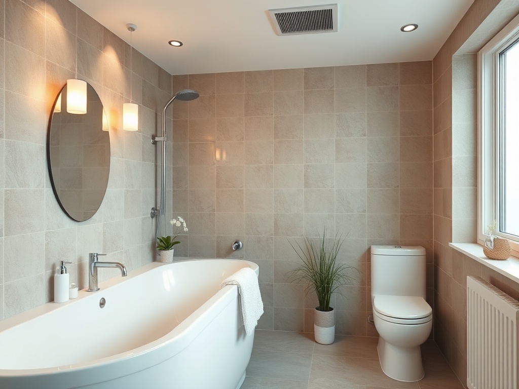 Современная ванная комната с душем, ванной, туалетом и растениями на фоне светлых плиток.