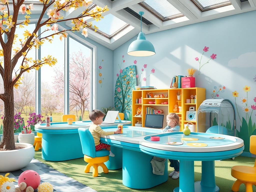 Яркая детская комната с красивыми рисунками, столами и детьми, играющими друг с другом среди игрушек.