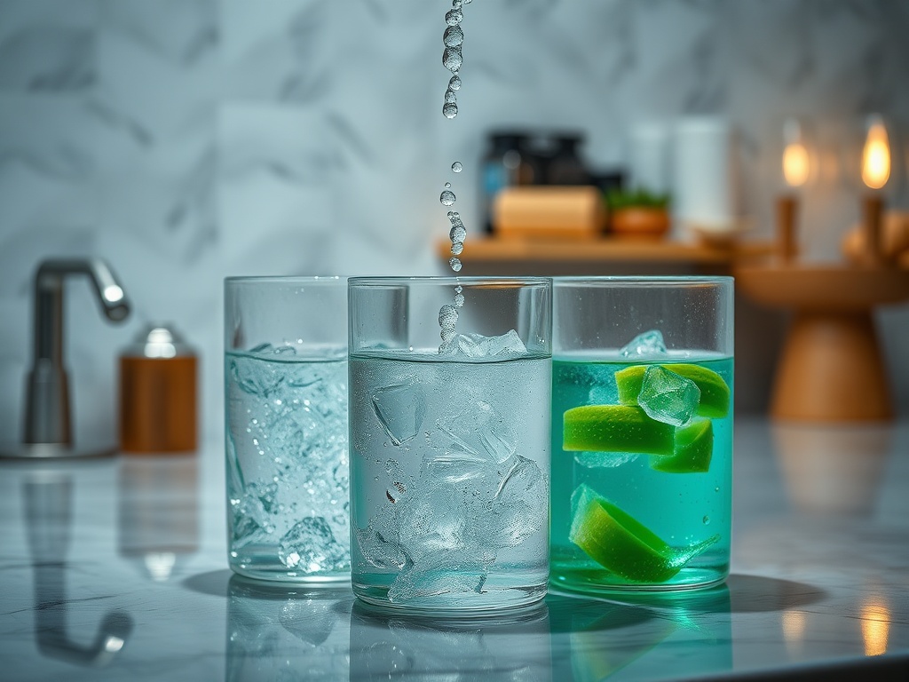 На столе три стакана с холодными напитками, один из которых с кусочками лайма и льдом.