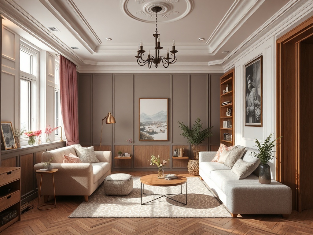 Современный уютный интерьер гостиной с диванами и деревянными элементами, оформленный в светлых тонах.