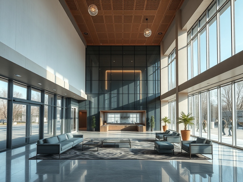 Современный офисный холл с большими окнами, мебелью и зелеными растениями. Солнечное светлое пространство.