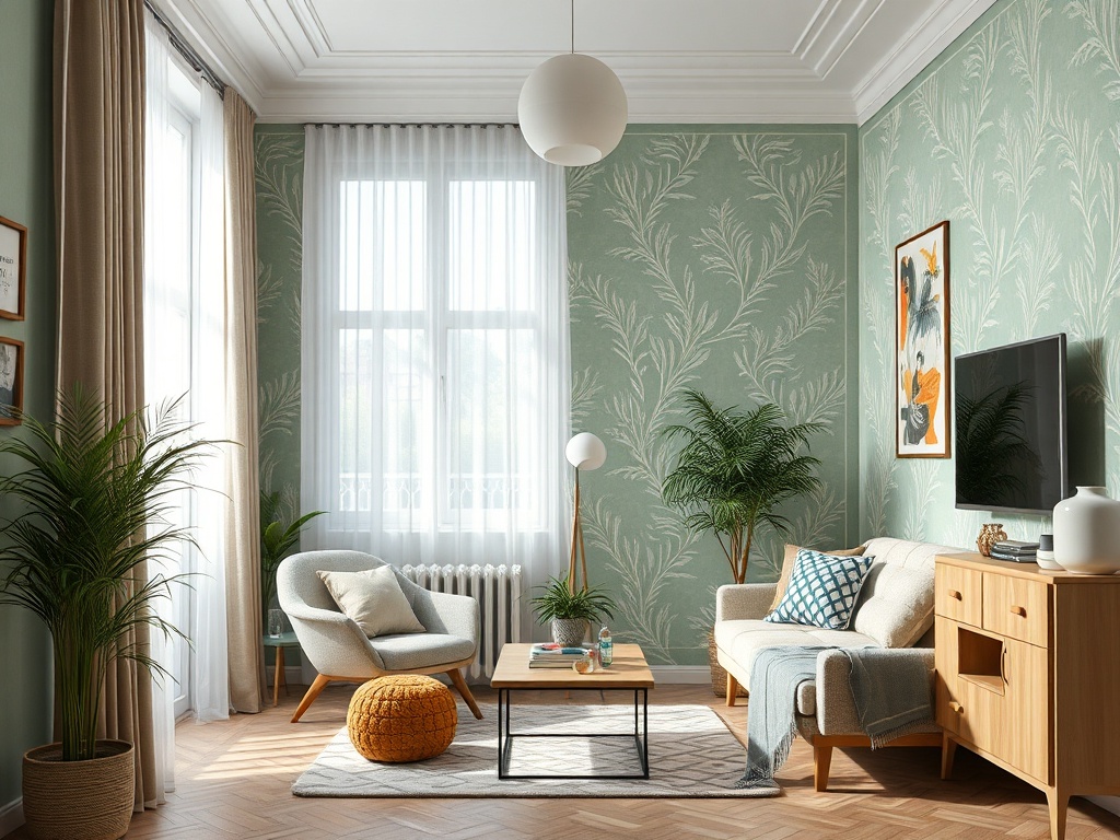 Современная гостиная с зелеными обоями, мягкой мебелью и большим окном, заполненным естественным светом.
