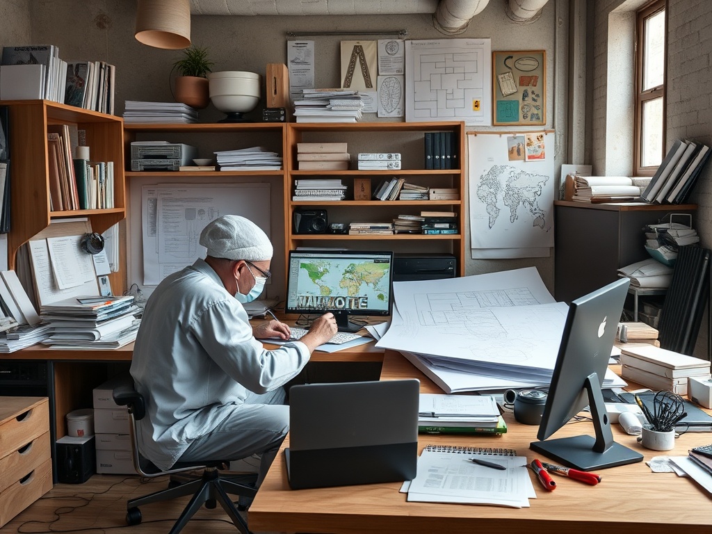 Человек в белом халате работает за столом в уютном офисе, окружённом бумагами и картами.