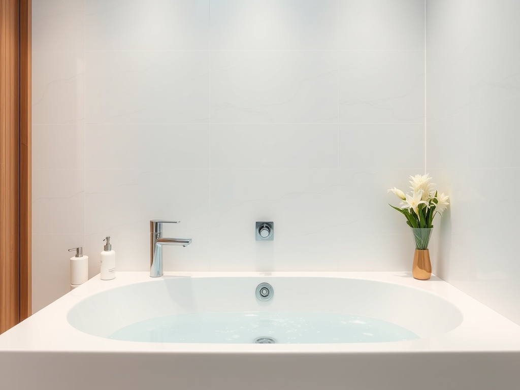 Современная ванная комната с белой ванной, современным смесителем и вазой с цветами.